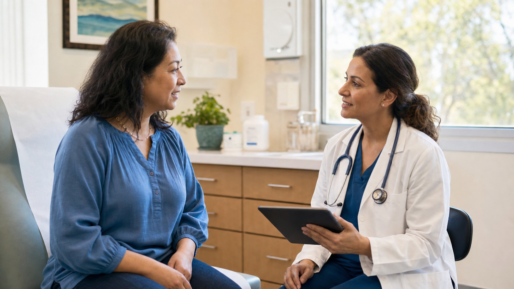 Patient speaking with a primary care doctor in a community clinic