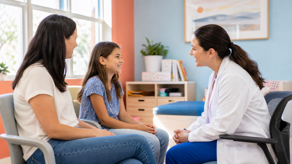 Child and parent talking with a pediatric clinician during a calm visit