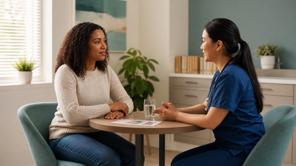 Patient speaking privately with a clinician about womens health concerns in a calm clinic office