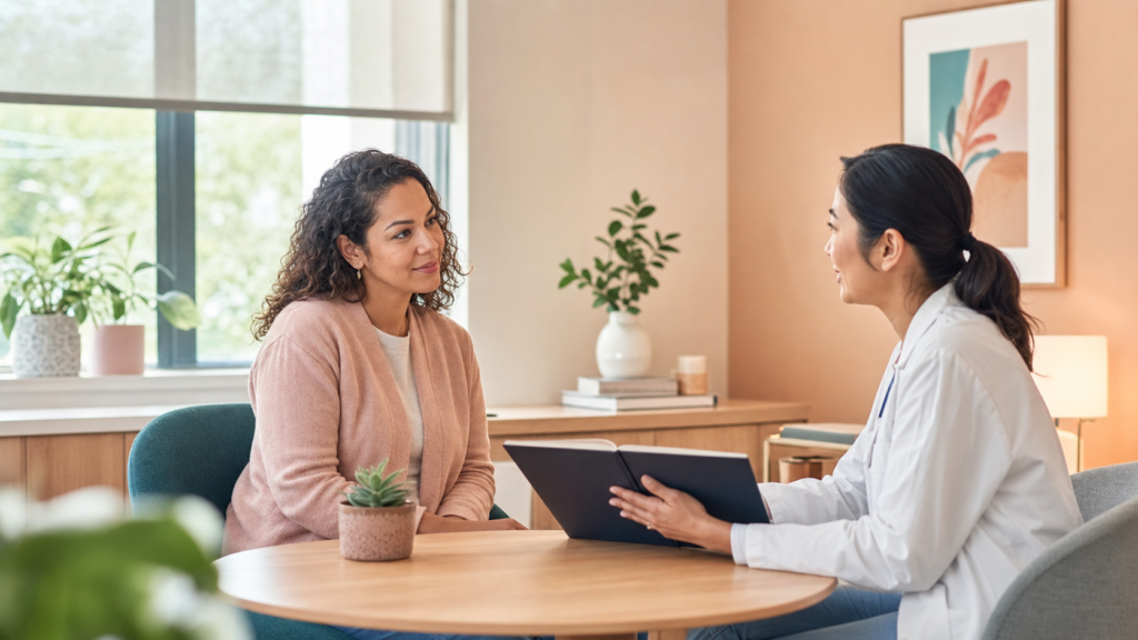 Patient discussing Pap tests and cervical cancer screening with a clinician